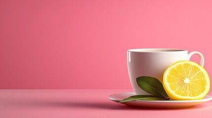 White cup of tea with lemon slice and leaves on pink background.