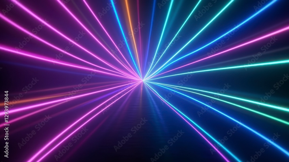 Poster abstract background with colorful neon lines radiating from the center against a dark background. vi