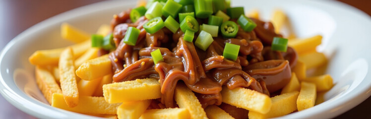 Loaded Fries Topped With Pulled Pork, Jalapeno, Spring Onion, And A Tangy Blend Of Brown And Spicy Sauces.