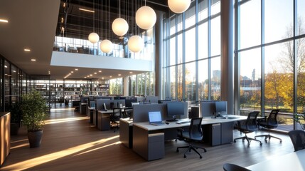 Modern open plan office with large windows, sunlight streaming in, showing desks, computers, and plants.