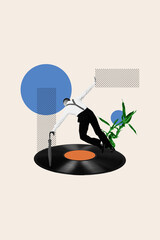 Exclusive art banner collage of happy dandy man dance retro vinyl disk plate meloman melody playlist listen relax umbrella