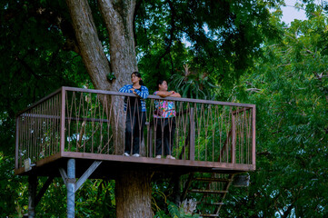 Two individuals are standing on a treehouse platform, enjoying the serene view of a lush garden park with abundant green foliage.