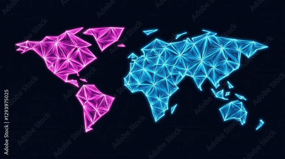 Poster abstract world map design with pink and blue polygonal lines on dark background. global network conn