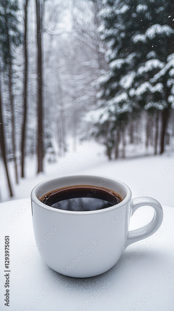 Aufkleber warm coffee in a white mug on a snowy day with a winter forest background creating a cozy and serene