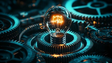 Illuminating Innovation: A Glowing Lightbulb Amidst Intricate Gears
