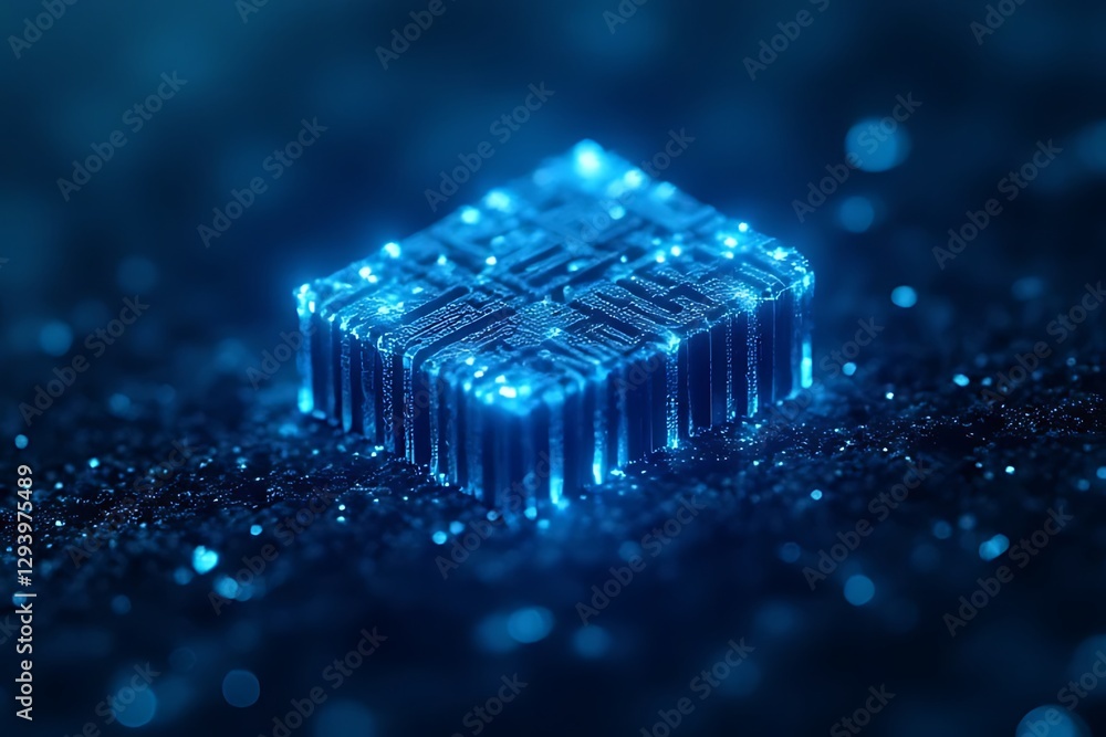 Poster glowing blue microchip rests on a dark surface filled with sparkles.