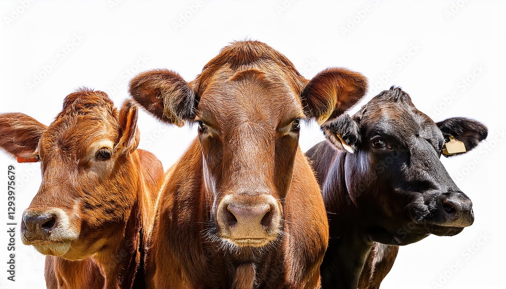 Poster three striking holstein cattle against a clean white backdrop, showcasing textured patterns and high