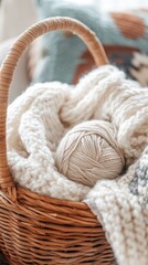 Obraz premium Cozy Knitted Blanket and Yarn in a Wooden Basket