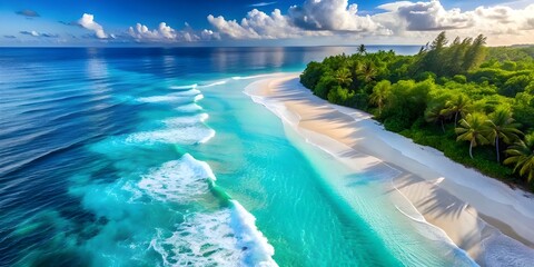 Obraz premium Aerial View of Pristine Beach with Turquoise Ocean Waves and White Sand Shoreline