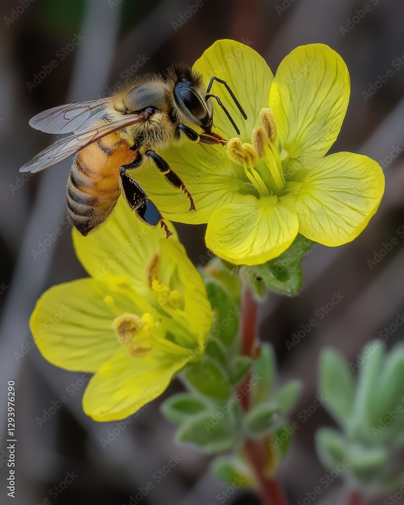 Poster honeybee collecting nectar from a vibrant yellow flower in a natural setting with a soft focus backg
