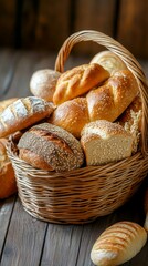 Assortment of Freshly Baked Breads in a Rustic Basket