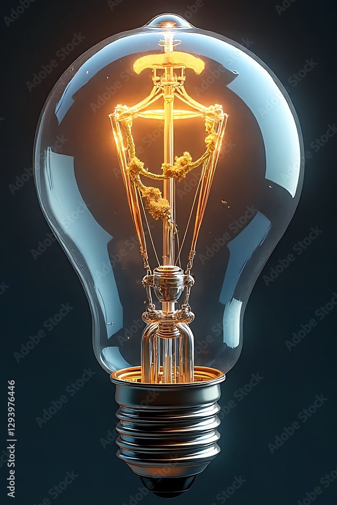 Poster glowing vintage-style lightbulb is shown against a dark background. the intricate internal structure