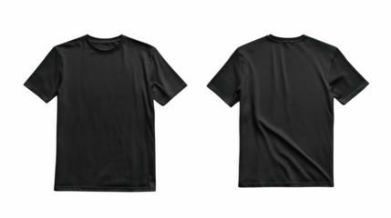 Black t-shirt mockup showing both front and back views, perfect for showcasing custom designs, branding, or apparel presentations. Isolated on transparent background, PNG.