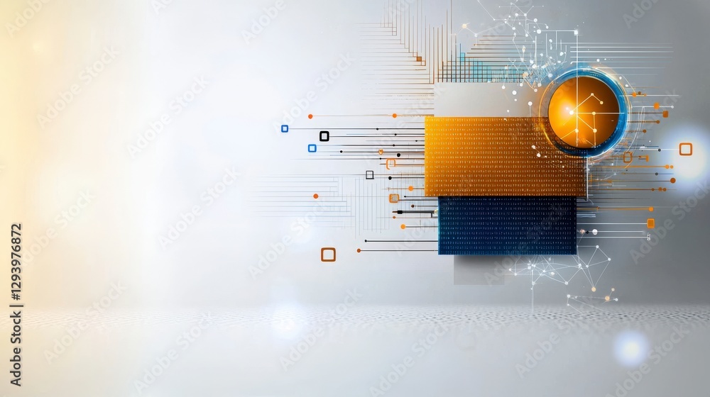 Poster abstract digital technology design with geometric shapes, lines, and data analysis on light backgrou