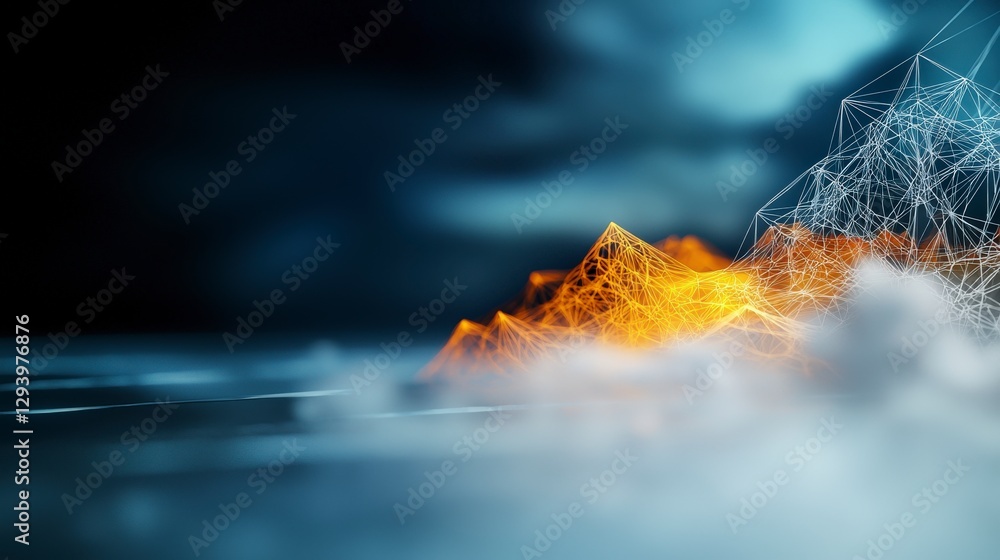 Poster abstract digital landscape with glowing orange lines and geometric shapes against a dark and moody b