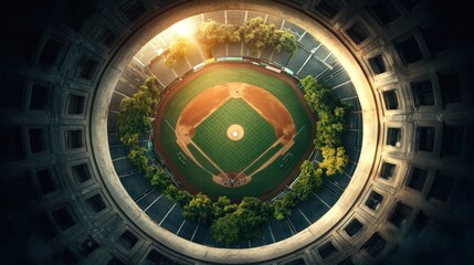 Obraz premium Aerial view of a baseball field inside a circular stadium at sunset.