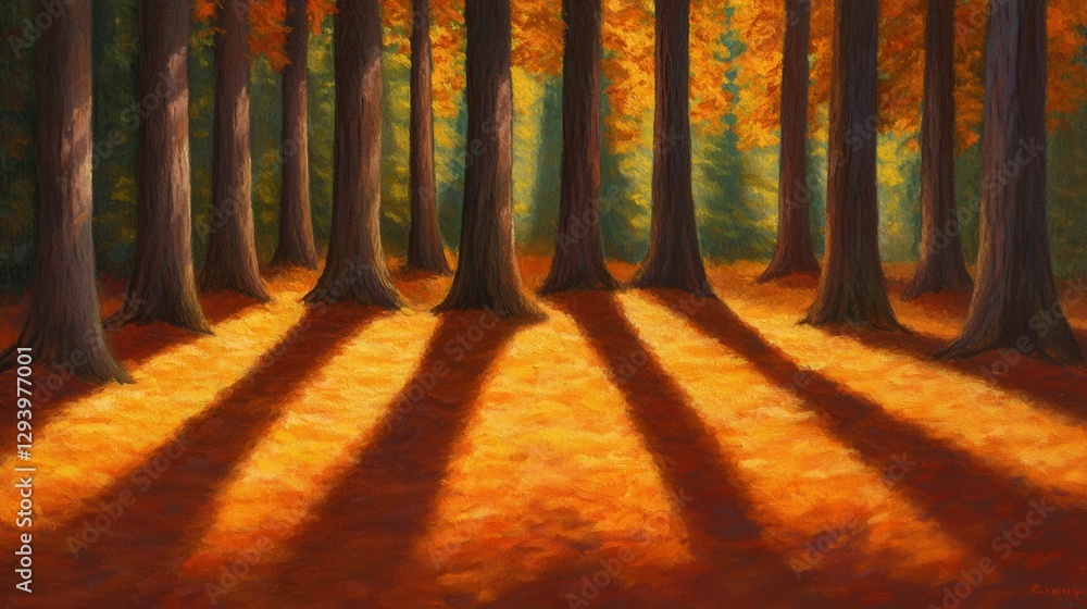Poster autumn forest scene with tall trees casting long shadows on the ground. warm sunlight filters throug