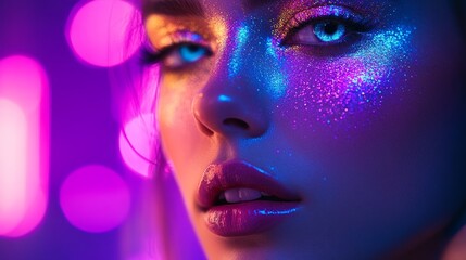 Close-up Portrait of a Woman with Vibrant Makeup and Glitter