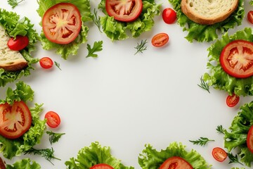Creative sandwich border with fresh ingredients like lettuce, tomato, and bread, forming a blank white center for text or designs. MZ 