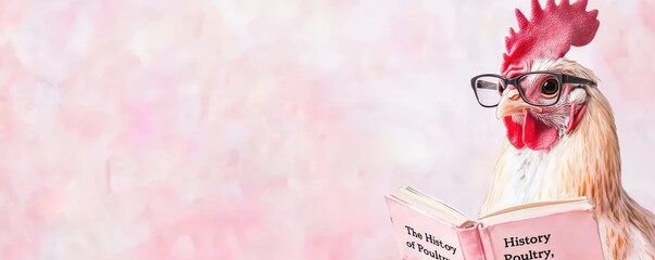 A quirky chicken wearing glasses reads a book titled "Memory Mastery," set against a soft pink background.