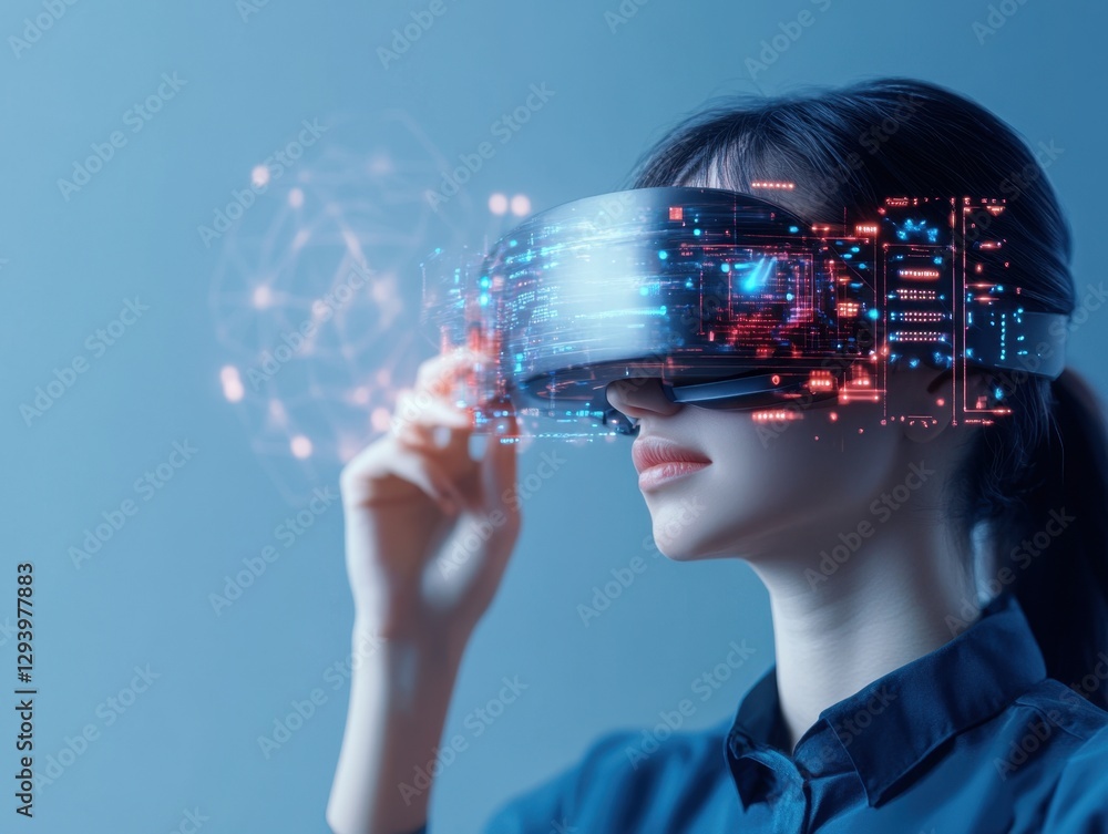 Poster woman using virtual reality headset to interact with data and explore digital information