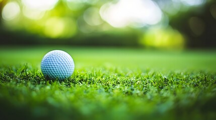 Obraz premium Golf Ball Resting on Lush Green Grass Field with Copy Space