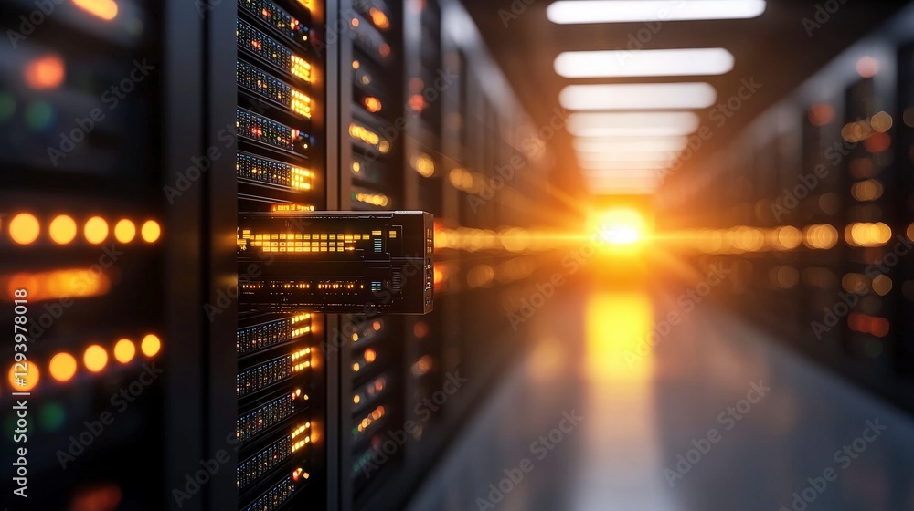 Poster data center with server racks illuminated by sunset glow in a modern technology environment