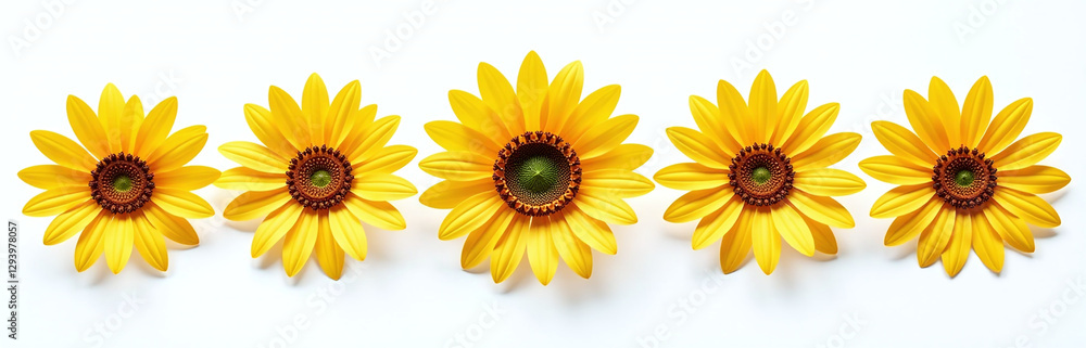 Poster Isolated Sunflower Row In A Simple Floral Design Element On White Background, Perfect For Use As A Png Cutout.