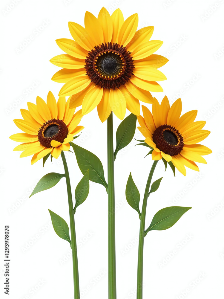 Poster Isolated Sunflower Row In A Simple Floral Design Element On White Background, Perfect For Use As A Png Cutout.