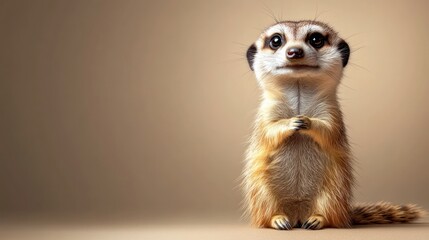 Fototapeta premium Cute meerkat sitting on beige background, looking curious.
