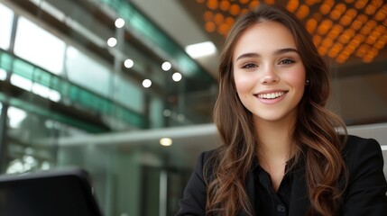 Obraz premium Confident Young Woman in Business Attire Smiling at Camera in Modern Office Setting with Warm Lighting
