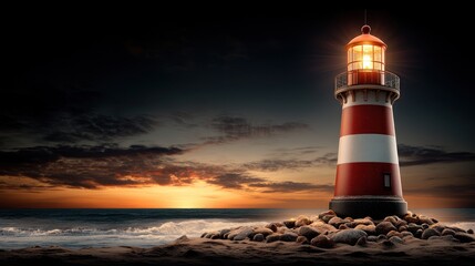 Obraz premium Lighted lighthouse on rocky coast at sunset.