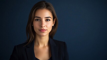 Confident young businesswoman portrait against dark background.