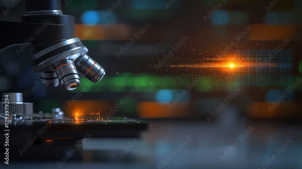 Poster close-up of microscope with circuit board underneath in a high-tech laboratory environment