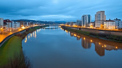 Obraz premium City river at twilight, buildings line the banks, lights reflecting on calm water. Moody blue tones, tranquil atmosphere