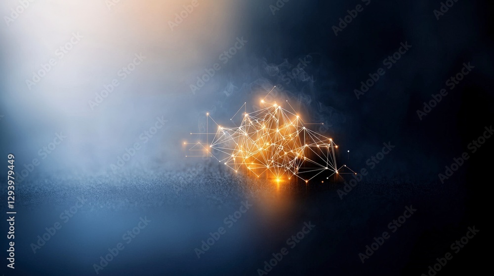 Poster abstract glowing particles in a dark environment with interconnected lines and shapes for creative b