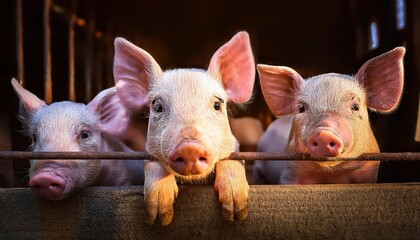 Three Playful Piglets Confined in a Barnyard Sanctuary at Twilight, Evoking Warmth and Serenity Amidst the Rustic Elegance.