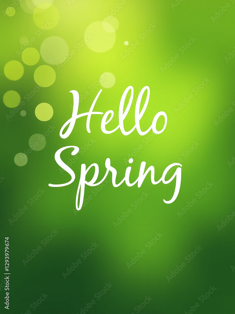 Poster hello spring text on a beautiful abstract green background with bokeh lights, perfect for a lovely g
