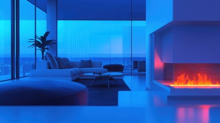 A minimalist living room with a holographic fireplace, cozy and futuristic