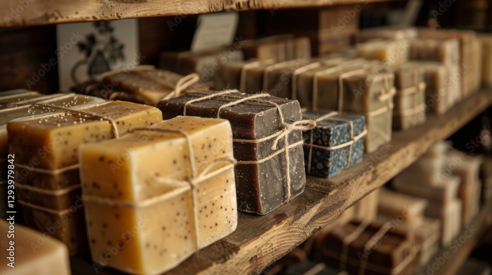 Poster Rows of beautifully crafted soap bars in diverse colors and sizes are displayed on rustic wooden shelves. The natural materials and scents create a charming atmosphere in the shop.