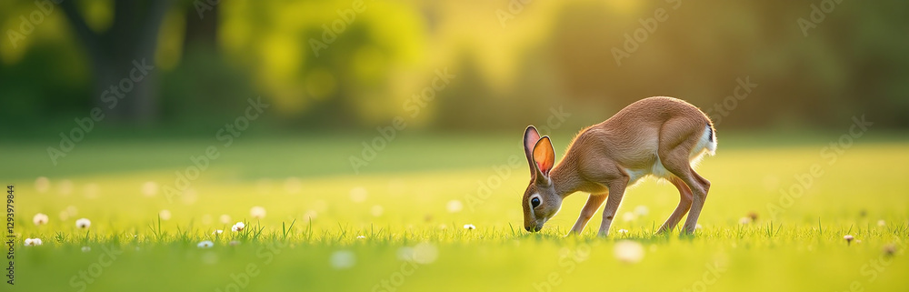 Poster Hares Grazing On A Meadow In Soft Focus With Bokeh Effect Adding Artistic Touch To Serene Landscape Scene.