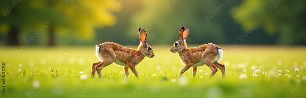 Poster Hares Grazing On A Meadow In Soft Focus With Bokeh Effect Adding Artistic Touch To Serene Landscape Scene.