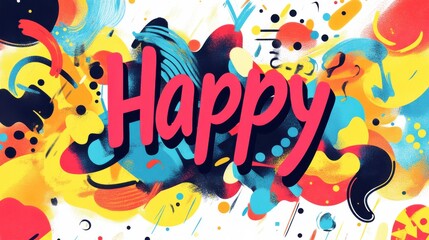 Vibrant Colorful Abstract Design with Happy Word in Bold Letters