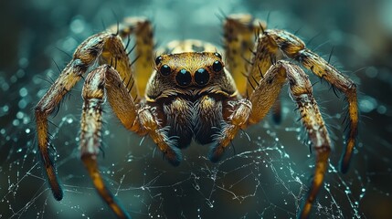 Close-up of a large, hairy spider on a web, with water droplets.
