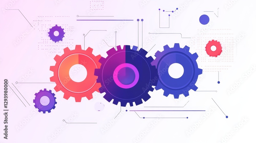Poster gears interlock with abstract digital network.