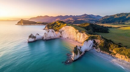 Fototapeta premium A bird's-eye view of a coastal rock formation in New Zealand, home to a colony of native seabirds.