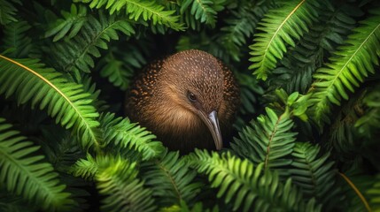 Obraz premium A bird's-eye view of a kiwi bird in its natural habitat, surrounded by lush foliage in New Zealand's wilderness.