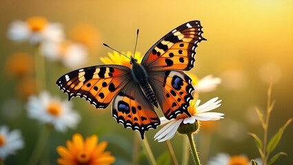 Obraz premium Leopard Butterfly Close-Up on Wildflowers: Vibrant Macro Nature Photography in Daylight
