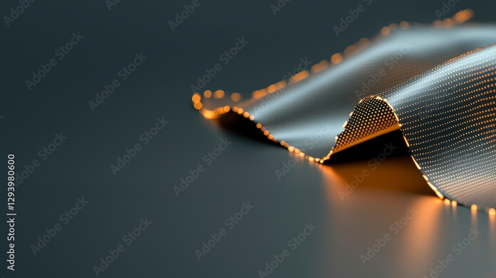 Poster glowing wave of digital fabric with dots on a smooth surface in dark lighting for abstract backgroun