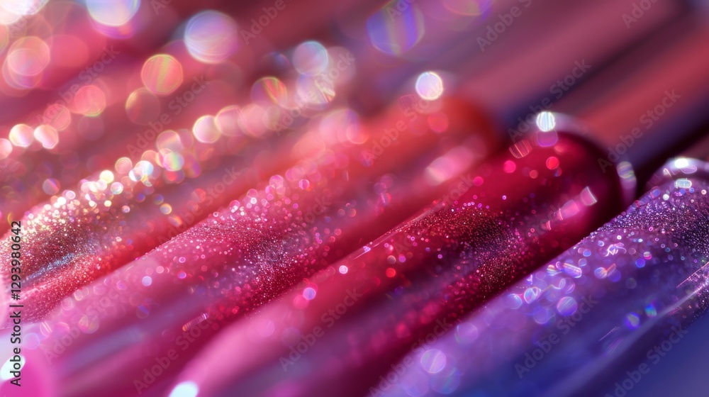 Poster Glittering lip gloss tubes are showcased in a visually appealing arrangement, reflecting light and creating a colorful gradient effect that highlights their various shades.